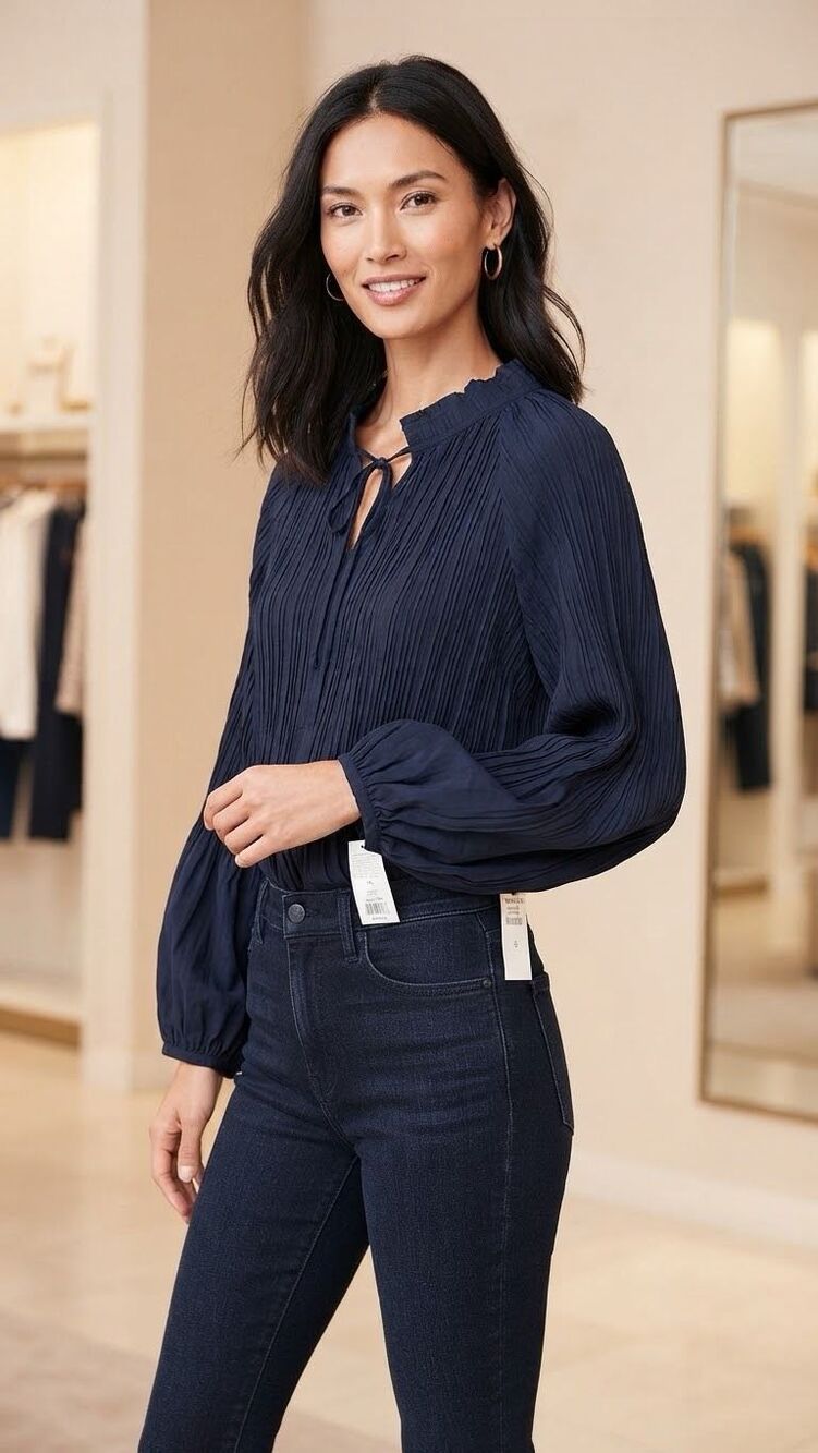 NWT Talbots Navy Blue Pleated Long Sleeve Blouse Top  Small